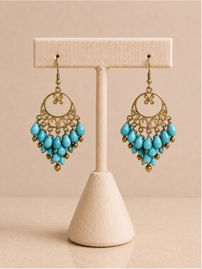 Boho Gold Tone Turquoise Beaded Chandelier Dangle Earrings Festival Statement